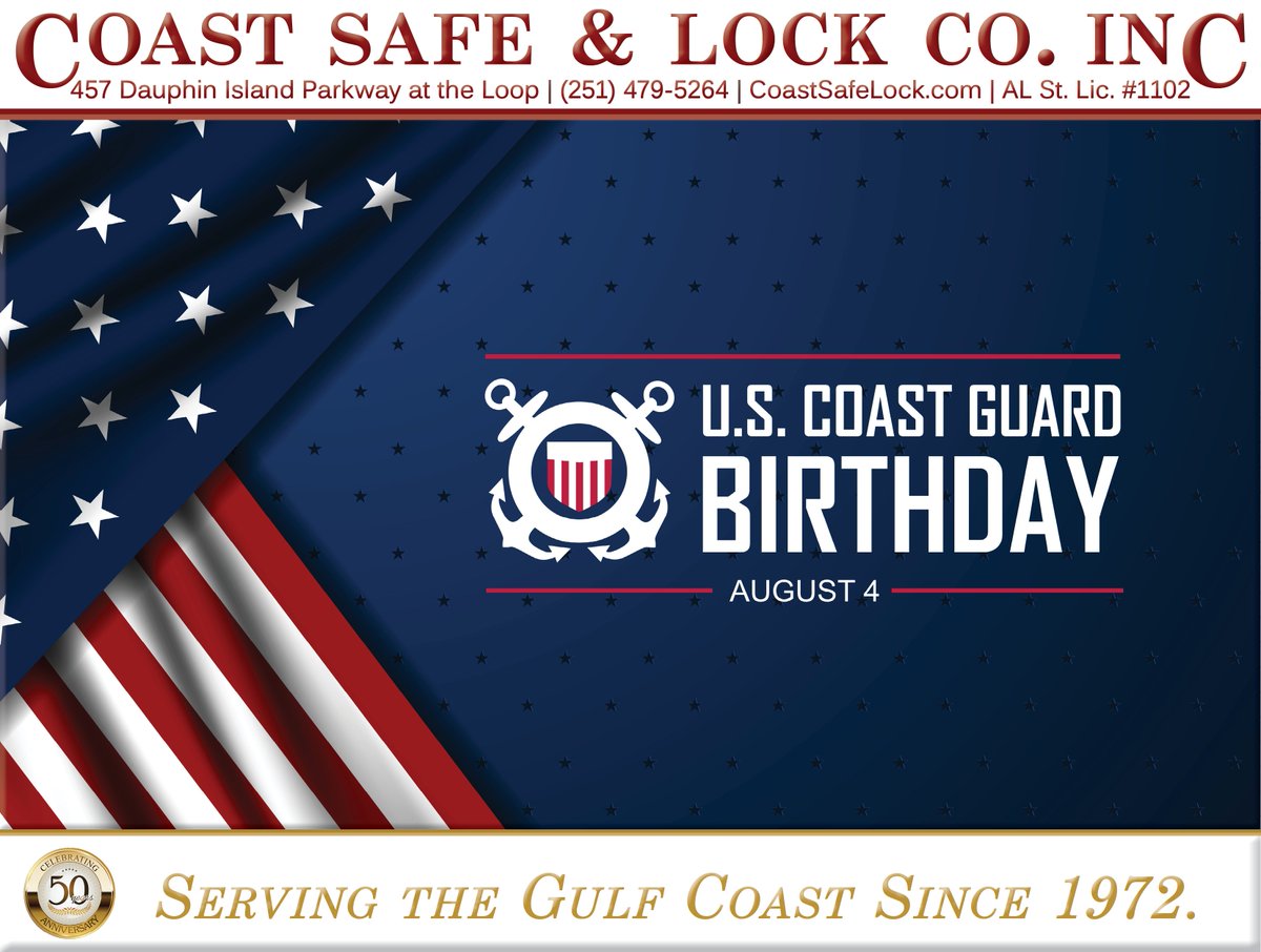 CoastSafeLock's tweet photo. @CoastSafeLock wishes a very Happy Birthday to our @USCG. We thank all the men &amp; women who serve in Mobile and around the globe. We are a stronger nation for your service &amp; commitment to American freedom. #USCG #USCoastGuard https://t.co/7xFrvMy6kt