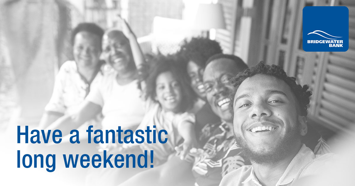 BridgewaterBank's tweet photo. Wishing our wonderful followers a happy long weekend 🌞! We hope you unwind and enjoy quality time with loved ones. Soak up the sunshine; it's already August! 
#longweekend
#summervibes
#chillin https://t.co/CbUoAbgkRj
