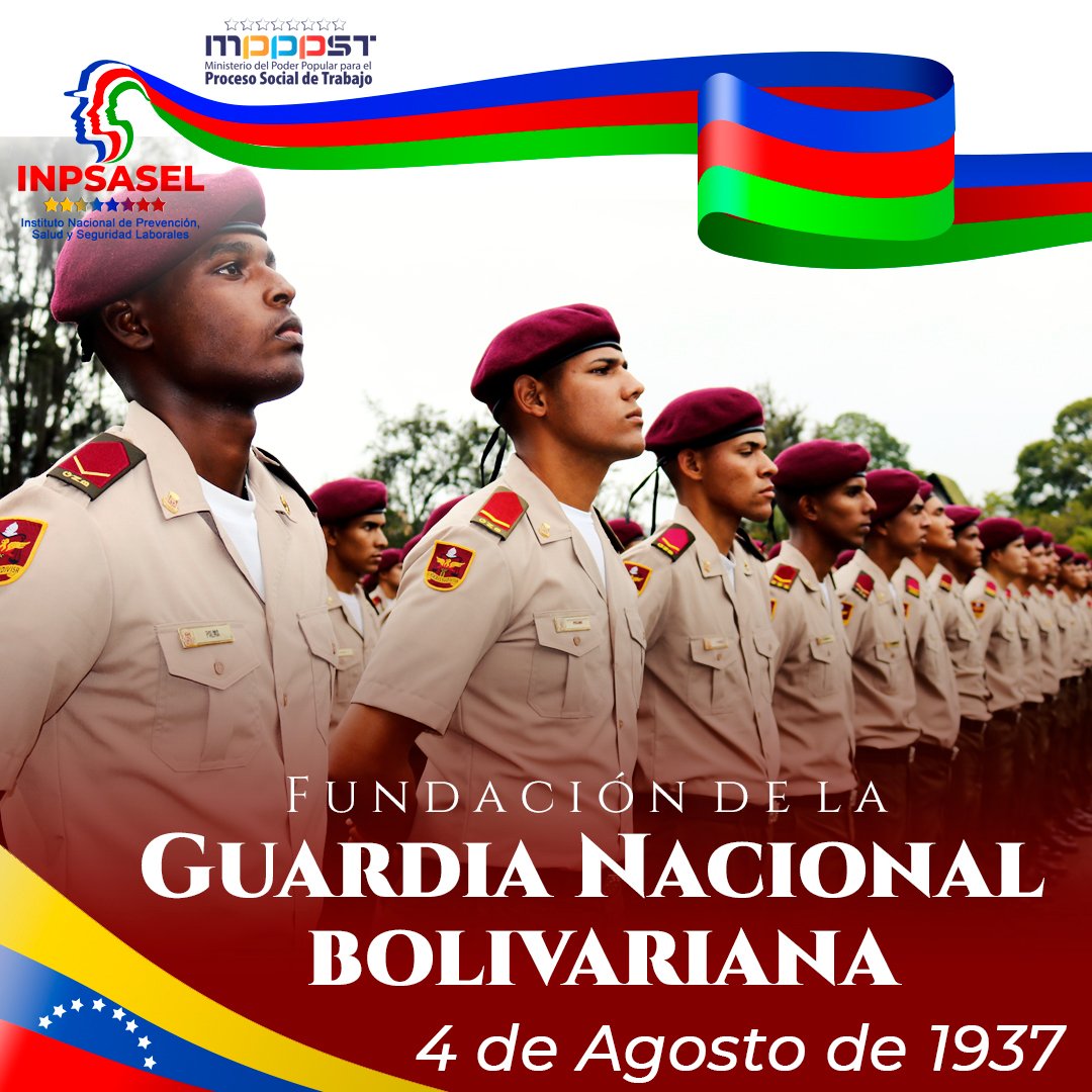 #Efemérides// La GNB celebra su 86° aniversario. El #4Agosto #1937,  se crea la Guardia Nacional, cuyos hombres y mujeres prestan innegables servicios en defensa de la Patria y nuestra Soberanía. 

#GNBArmadosDePaz

<a href="/NicolasMaduro/">Nicolás Maduro</a> <a href="/MinTrabajoVE/">Ministerio del PP para el Proceso Socia de Trabajo</a>
