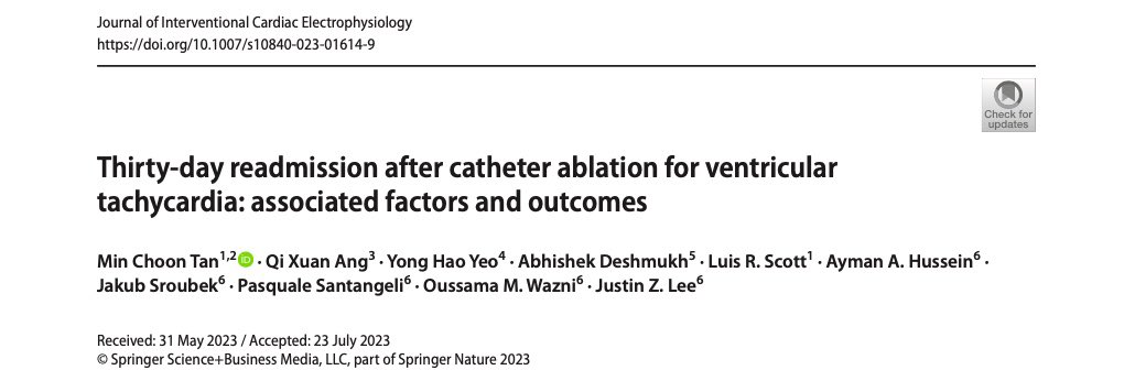Our work that analyses the outcomes of early readmission after VT catheter ablation is now available on <a href="/JICE_EP/">JICE</a> ⚡️

Appreciate the mentorship from <a href="/DrJustinZLee/">Justin Z Lee</a> <a href="/abhishek_mbbs/">Abhishek</a> <a href="/aymanhusseinmd/">Ayman Hussein MD</a> <a href="/Dr_Santangeli/">Pasquale Santangeli</a> <a href="/omwazni/">Oussama Wazni</a> 🙏

Excellent teamwork <a href="/DrDarianQXAng/">Ang Qi Xuan (Darian)</a>  <a href="/YeoYongHao/">Yeo Yong Hao</a>✍️

#Epeeps