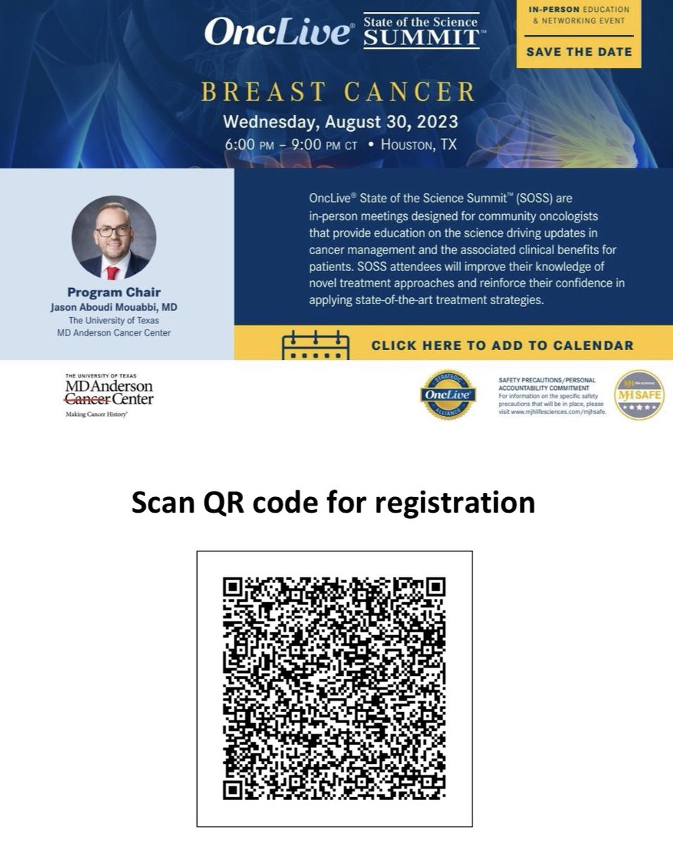 JAMouabbi's tweet photo. 🔔 Remember to register to this amazing opportunity where you will get to hear from key opinion leaders in the field of #breast oncology discussing all the new exciting research in #breastcancer

We have an amazing roaster of KOLs from @MDAndersonNews and @bcmhouston 

Register today using the following link:    https://t.co/bV8wWwWEom

Or scan the QR code on the photo

#bcsm #EndCancer @OncLive