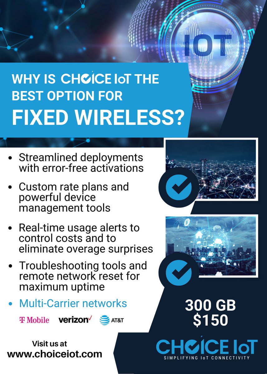 ChoiceIoT's tweet photo. Choose the right connectivity provider for your wireless #IoT needs. Learn how @ChoiceIoT's #FixedWireless Plans can be a good fit for your use case. Learn more at https://t.co/XxoTljqkf6
#5gsim #verizon #tmobile #iotsim #4G #5G #choiceiot https://t.co/3rqkcEWAVC