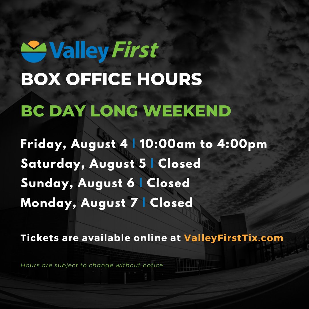 SOEC's tweet photo. Happy BC Day Long Weekend! π²π The Valley First Box Office will be closed Saturday-Monday for the Holiday weekend. Tickets will still be available for purchase online at https://t.co/xxqD9SV3ke.
#HappyBCDay #BCDayLongWeekend #AugustLongWeekend https://t.co/i2asGRQLjB