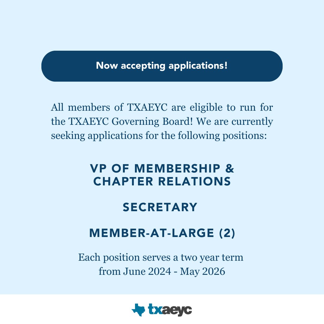 texasaeyc's tweet image. The TXAEYC Nominations Committee is seeking applicants to serve in leadership positions on the Governing Board! Join us to support Early Childhood! Learn more here: buff.ly/47fL0F1