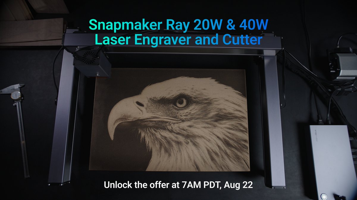 snapmaker's tweet photo. Did you notice the splendid engraving of an eagle in Ray’s preview video? It measures 400mm × 600mm and takes up the whole work area of #SnapmakerRay!
Watch the video: https://t.co/29SlWI1u7w Subscribe to get the first batch of Ray: https://t.co/HAmJCNiRJN https://t.co/H1fJaA6Bhz