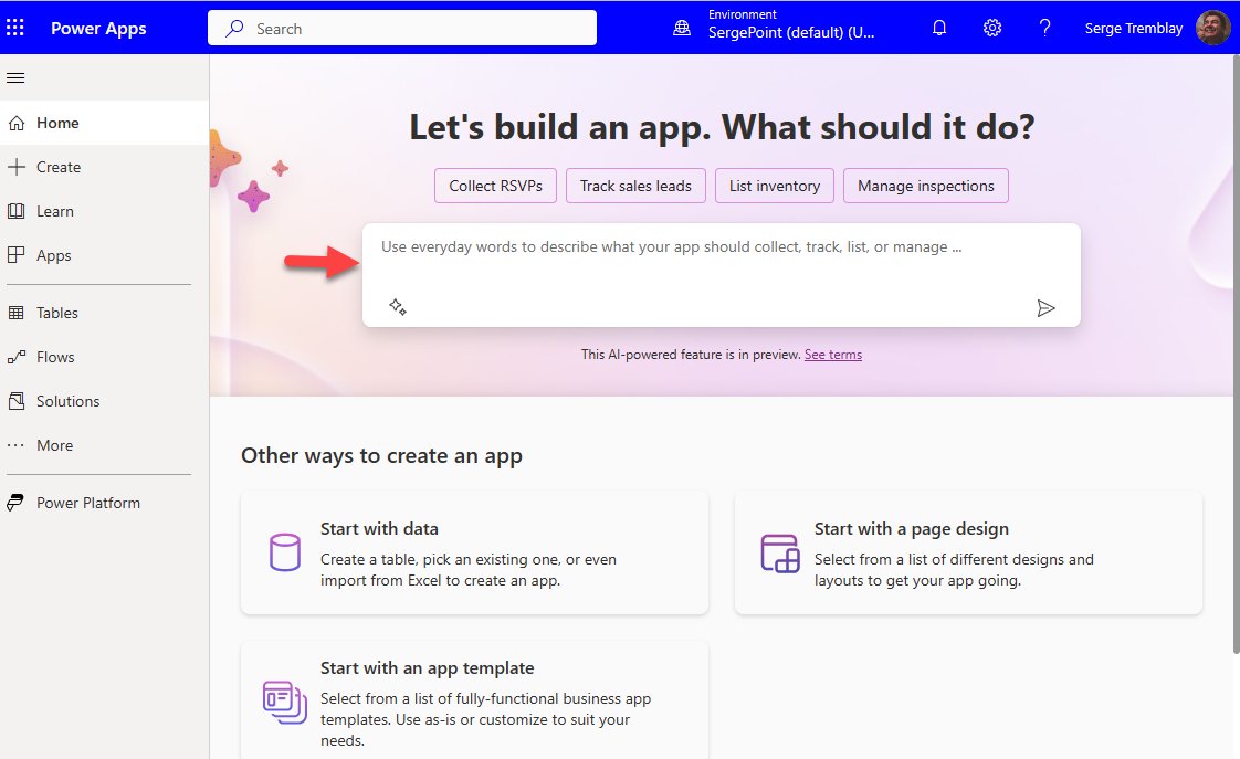 Sergepoint's tweet photo. My Power Apps home page has changed to add Copilot experience (in Preview).  I can now create apps just by asking the right questions! #powerapps https://t.co/2S1SlBhIVP