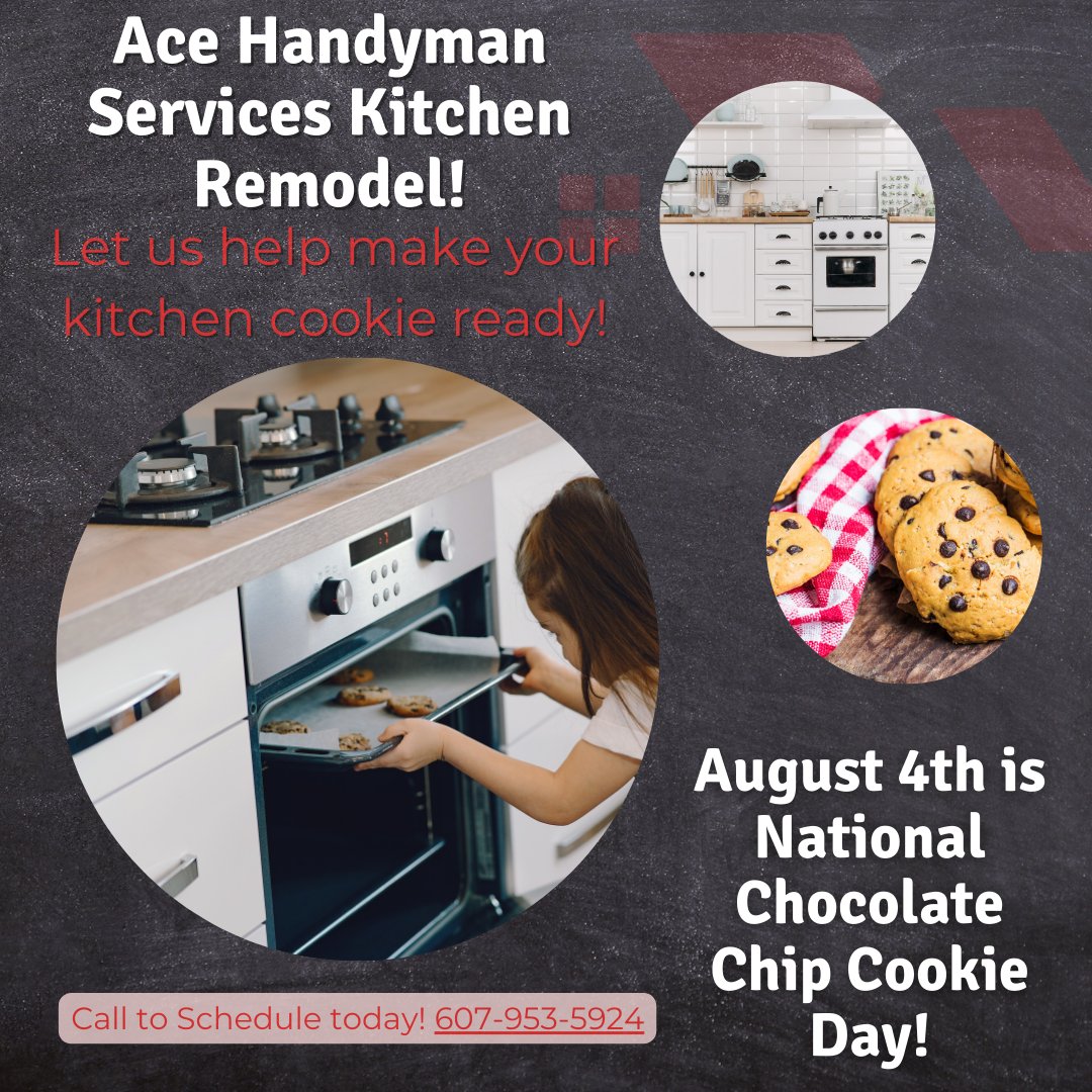 AHSSouthernTier's tweet photo. August 4th is National Chocolate Chip Cookie Day, and what better way to be prepared than to make sure your kitchen is in great condition! Whether you're looking for a complete remodel with brand new cabinets, or just to freshen up your backsplash, we can help!

Every Ace... https://t.co/u7HVG2rbAs