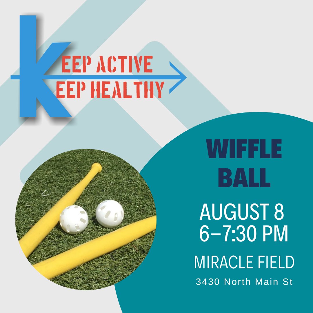 FindlayRec's tweet image. Our next Keep Active Keep Healthy event is Tuesday August 8 from 6-7:30 PM.  Join us at Miracle Park where we will be playing wiffle ball!