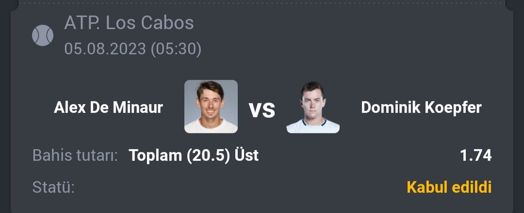 Tenis Teklisi 🎾
Stake 8 @ 1.74

👉 De Minaur/Koepfer toplam oyun 20.5 Üst 

Bol Sans 🔥

Betandyou  ⚫️🟡
bit.ly/PropickVIP
Promo: ppp

#LosCabosTennisOpen #ATPTour #tenis #kupon #bahis #spor #iddaa #analiz