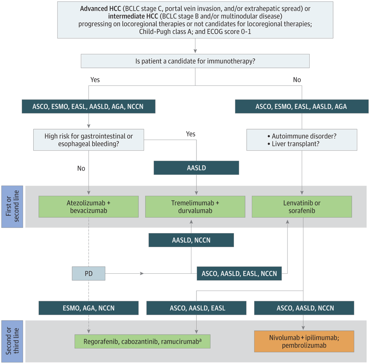 JAMAOnc's tweet photo. Review of guideline recommendations from scientific societies demonstrates clear consensus around atezolizumab/bevacizumab combination as primary standard of care for first line treatment of adv hepatocellular carcinoma (HCC). https://t.co/SSp6qCPw0l #GICSM https://t.co/PDFkGzDJCK