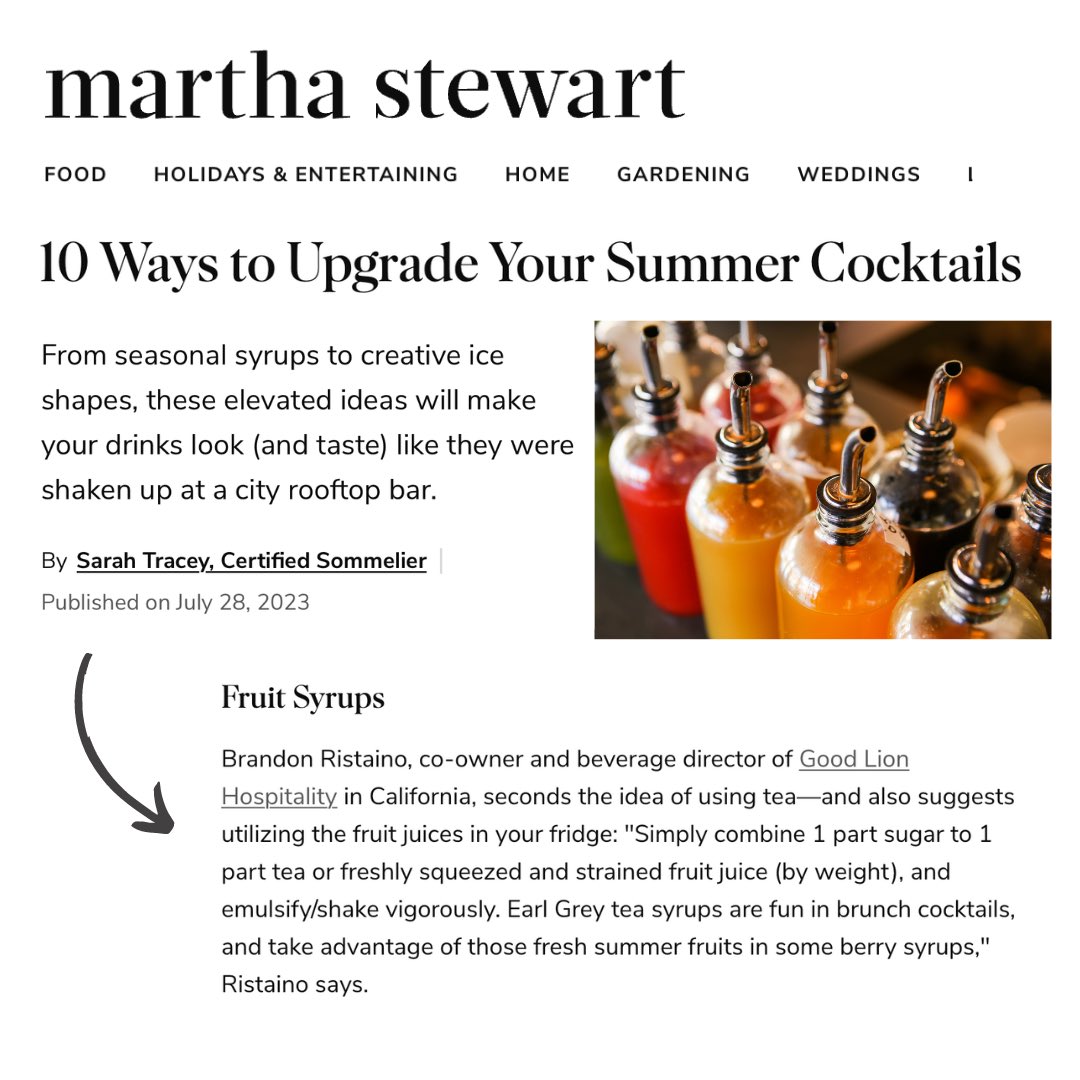 Good Lion Hospitality shares with <a href="/MarthaStewart/">Martha Stewart</a> how to add fruit syrups to keep things fresh &amp; upgrade your summer cocktails! 

Many thanks @thelushlifeny for the article inclusion.  ✍️

Click for elevated ideas for your cocktails this summer ☀️ 

marthastewart.com/ways-to-upgrad…