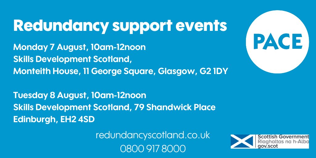 skillsdevscot's tweet image. For those dealing with redundancy from CodeClan, support events are taking place on Mon 7 Aug in Glasgow and Tues 8 Aug in Edinburgh. There will be a presentation on PACE support followed by the opportunity to meet with organisations who can support  with information and advice.