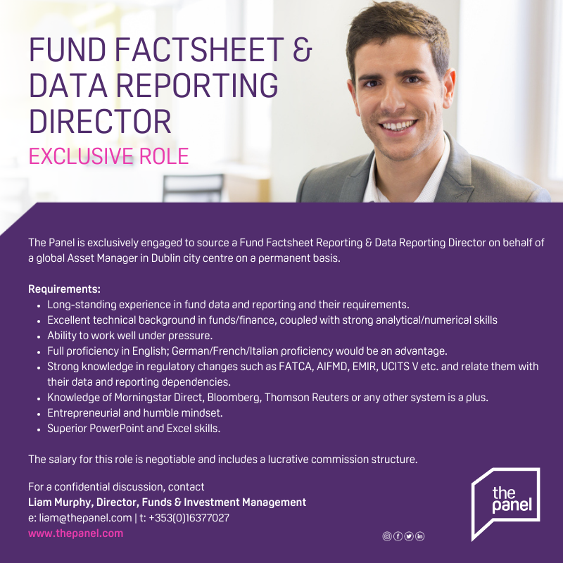 ThePanelDublin's tweet photo. **Exclusive Role**
#Fund Factsheet &amp; #Data Reporting Director (https://t.co/3A9nl2e3wY) role is currently available with our client, a global Asset Manager.

For more information, contact Liam at liam@thepanel.com

#jobfairy #priips #regulatoryreporting #assetmanagement https://t.co/YdGTsX7Y0O