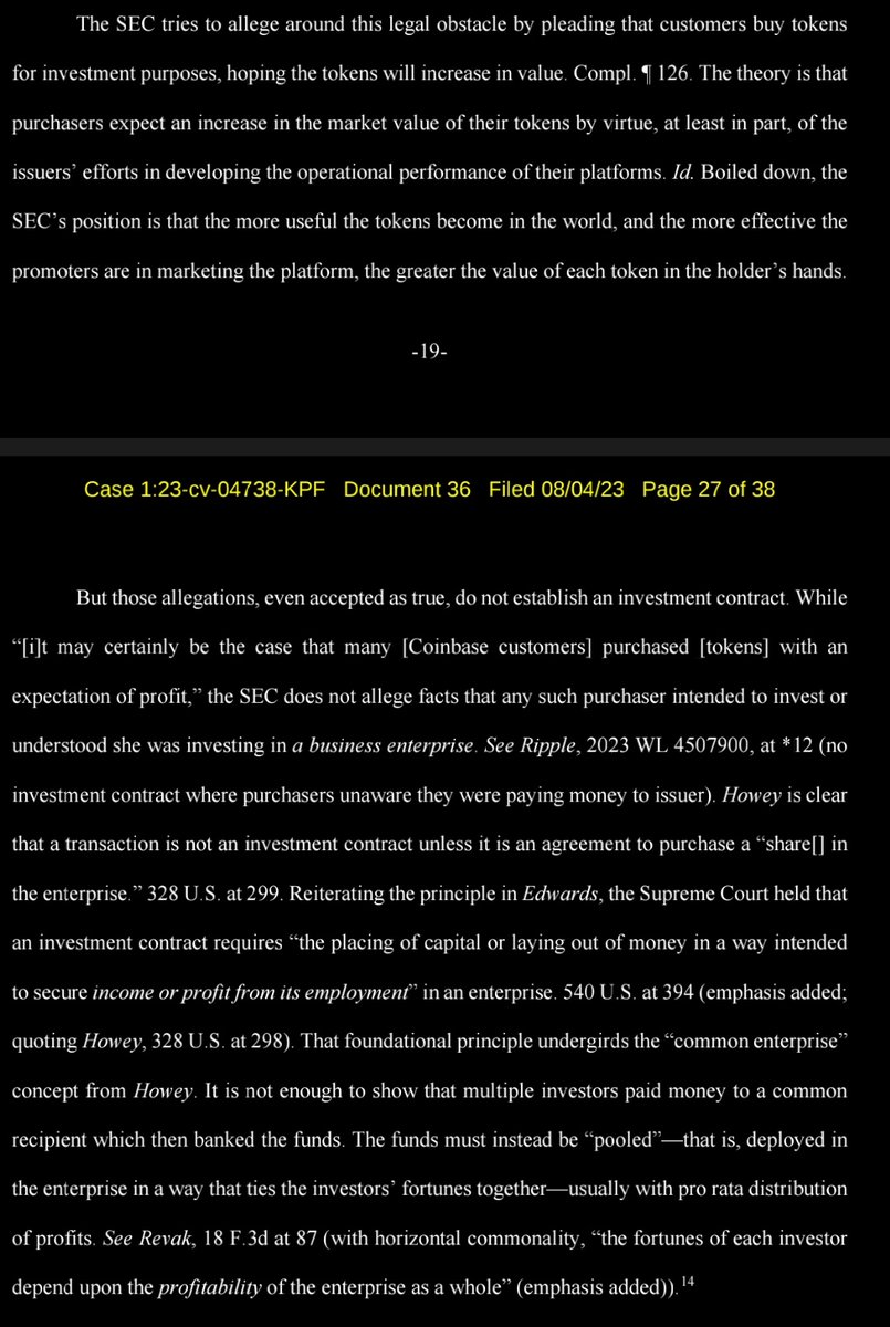attorneyjeremy1's tweet photo. If you want to keep up with the Coinbase  case, but don't want to read 50 pages of legal stuff, read just this page - where I think the argument will focus.

In this motion the Judge has to take everything the SEC has said as true, and STILL decide the case should be dismissed. https://t.co/rekTkMEfHw