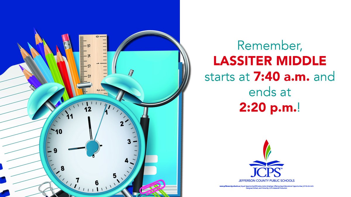 Are you ready for BACK TO SCHOOL LIONS? Remember Lassiter Middle starts at 7:40 a.m. and ends at 2:20 p.m. #RockandRoar #EveryInteractionMatters #WeAreJCPS