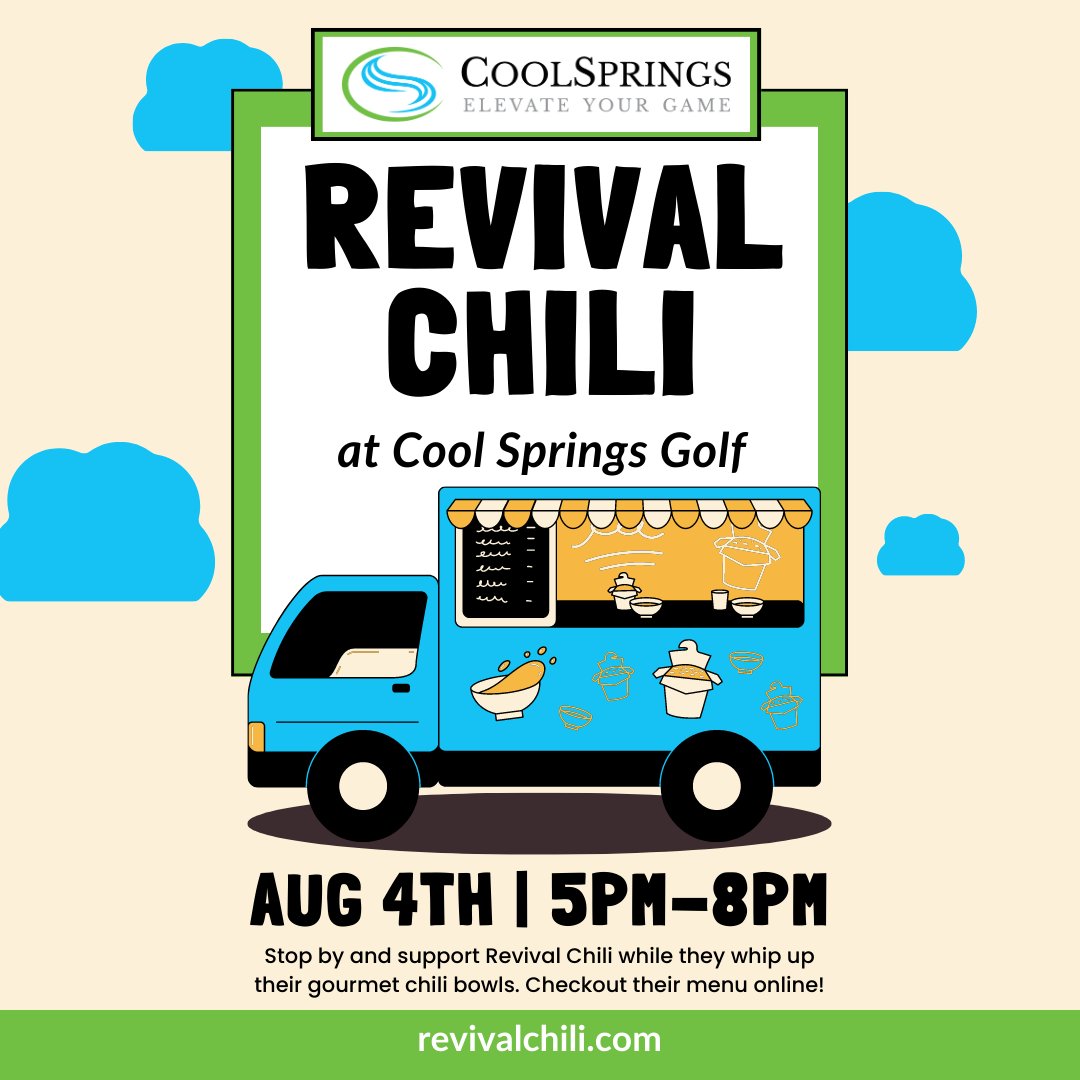 playcoolsprings's tweet photo. 🌶️🚚 Revival Chili Food Truck is coming to Cool Springs Golf Complex Aug 4th from 5pm-8pm. 
👉 Check out their amazing menu at https://t.co/T70FRHEjRI and get ready to eat!
#RevivalChili #PittsburghFoodTruck #CoolSpringsGolf #Pittsburgh https://t.co/DJV9jiAxFK