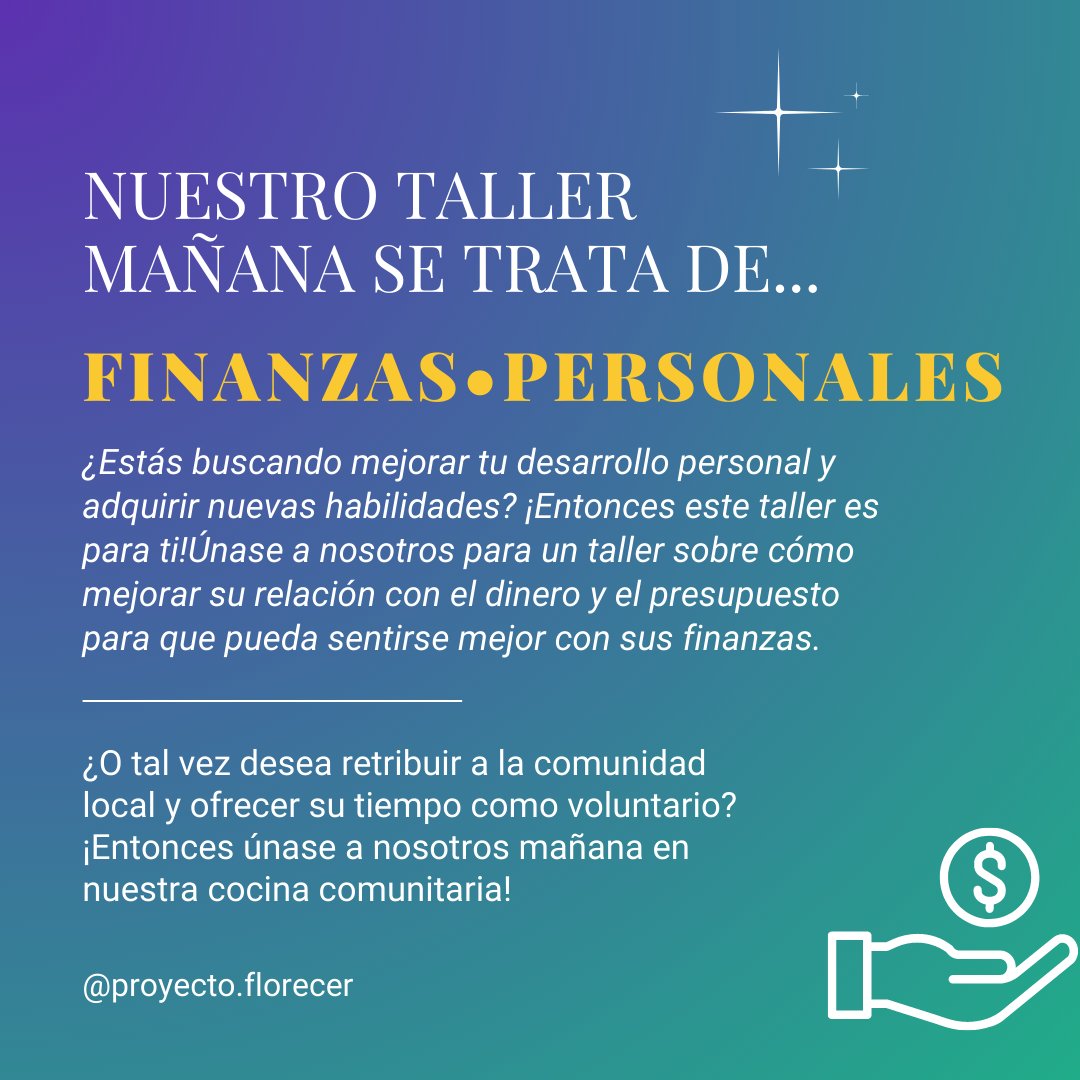 ProyectoFlorec1's tweet photo. Mañana tenemos nuestro #comedorcomunitario quincenal y esta vez el taller se enfoca en cómo mejorar tus #finanzas personales. Definitivamente va a ser revelador, ¡así que únase a nosotros de 10 am a 2 pm! 🤑 https://t.co/PzISAYvGCe