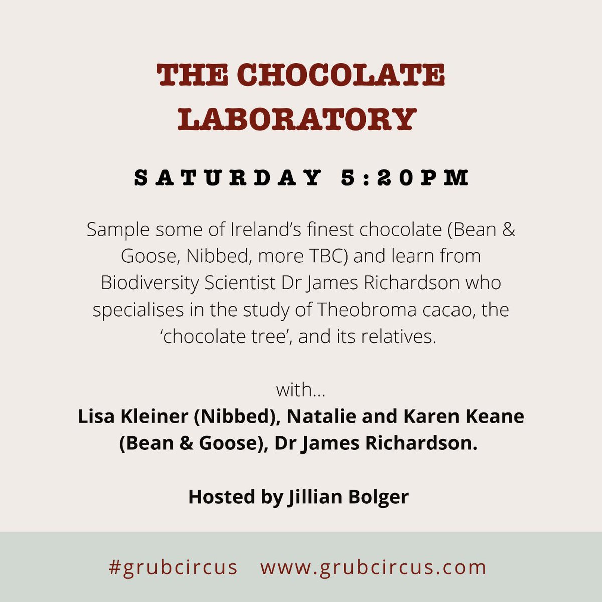 grubcircus's tweet photo. Come and sample some of Ireland’s finest chocolate and learn from Biodiversity Scientist Dr James Richardson!

See full schedule in bio or at https://t.co/of91t8Wdgh 

#GrubCircus #foodfest @ATN23 #AllTogetherNow

@nibbed_cacao @beanandgoose @JillianBolger https://t.co/4e4iBIjiiz
