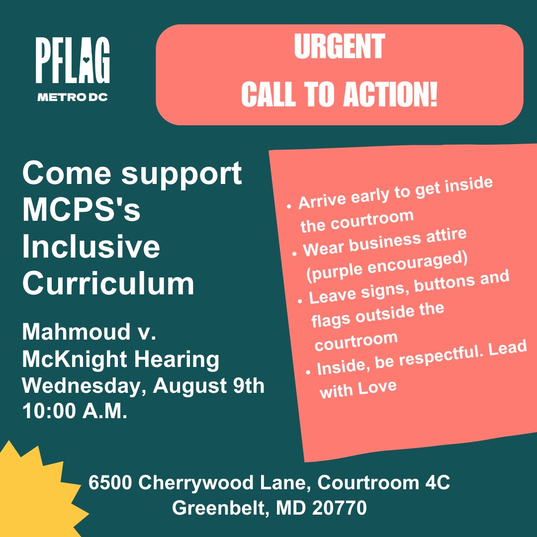 PFLAGDC's tweet image. 🚨 Call to action! 🚨 If you live in MoCo, come to support MCPS's Inclusive Curriculum next Wednesday, August 9. Spread the word! 👋