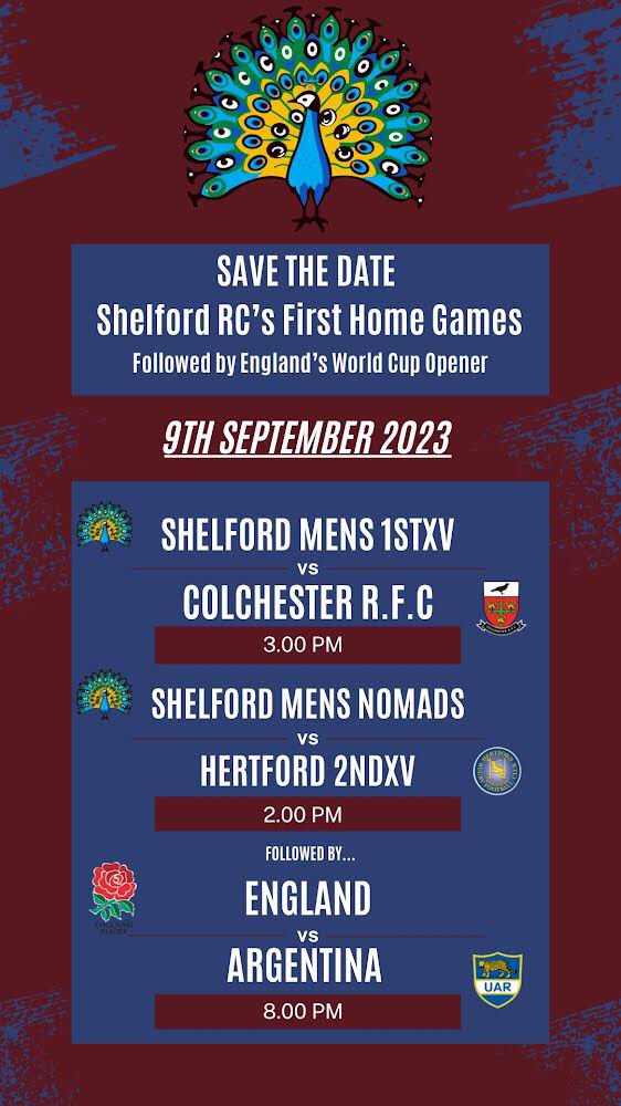 SAVE THE DATE🦚9TH SEPTEMBER  

Kick of at The Davey Field for the first time this season on September 9th 2023.

Men’s 1st XV vs Colchester @ 3pm 

Men’s Nomads vs Hertford 2s @ 2pm

England vs Argentina @ 8pm 

Pre-match hospitality bookings and tickets available soon!