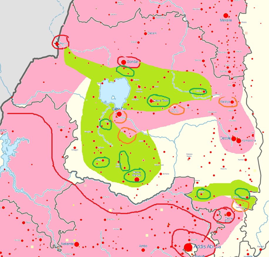 Situation in Amahara region, based on tweets from pro-Amahara accounts, treat with caution Red=ENDF Green=Fano #Ethiopia #Amhara