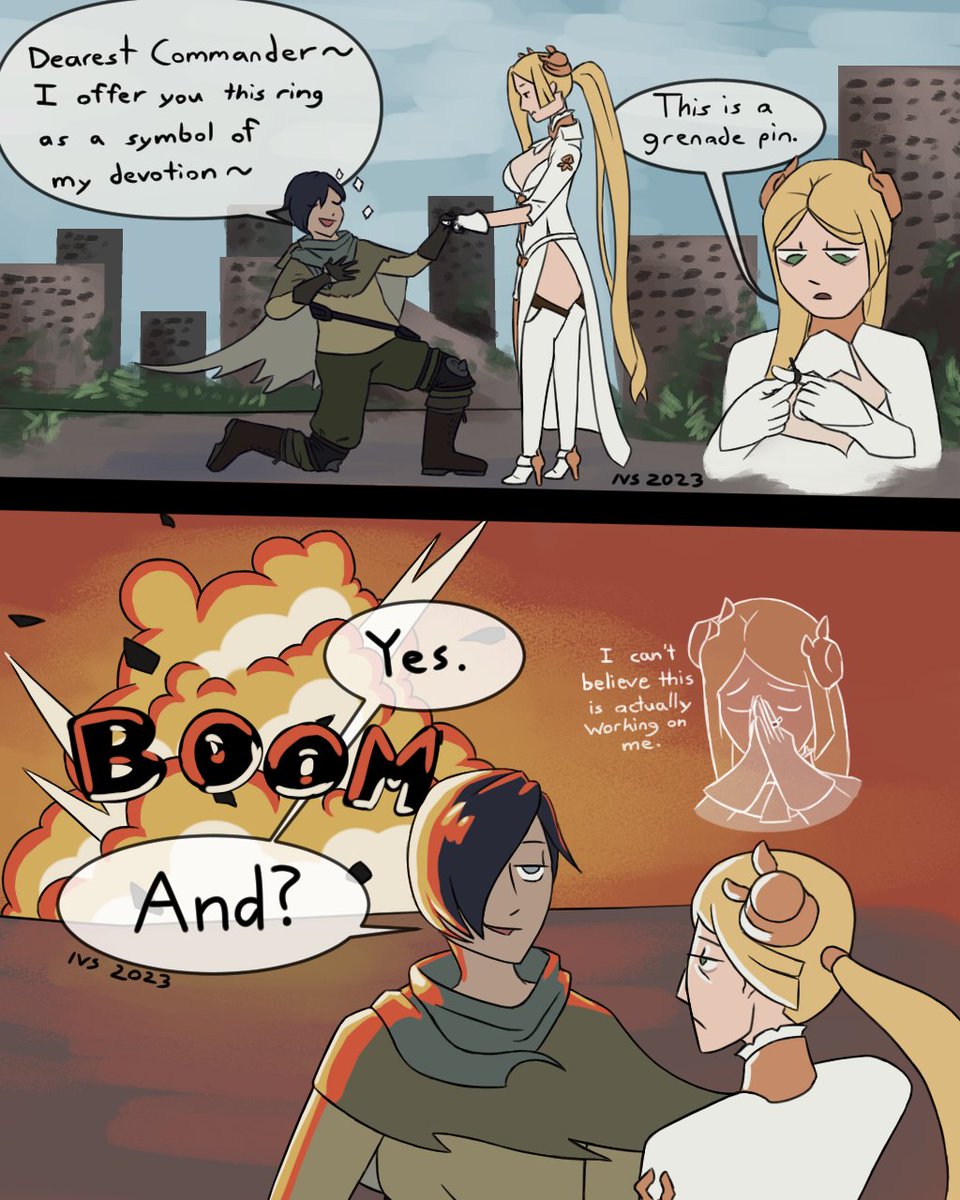 A two panel comic. Jackass from Nier Automata is kneeling and offering a ring to Commander White. Commander White remarks that the ring is a grenade pin. Panel two: A huge explosion occurs behind Jackass. She says: 'Yes. And?' Commander White is surprised that this proposal is working on her