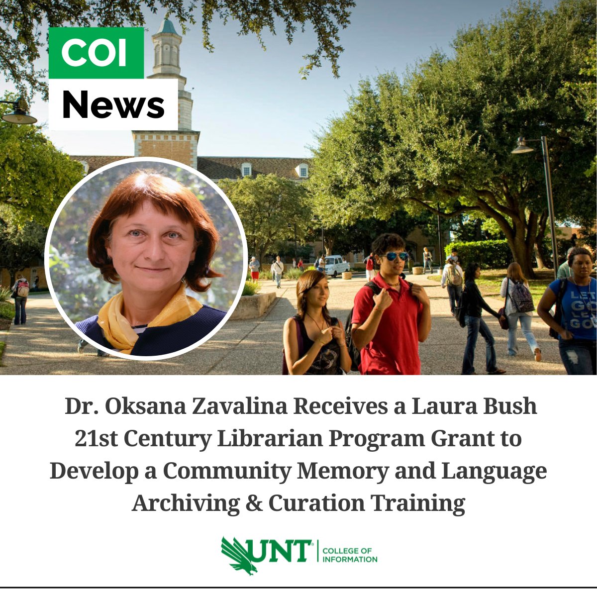 Dr. Oksana Zavalina Receives a Laura Bush 21st Century Librarian Program Grant to Develop a Community Memory and Language Archiving &amp; Curation Training. Congrats!

#UNTCOI #UNTresearch #iSchool #IMLS #IMLSgrant #LauraBush #Library #Librarian #Curation #LanguageArchiving #Museum