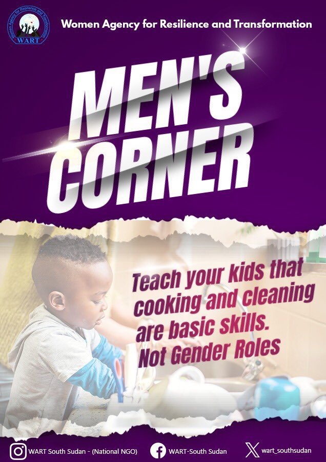 Wartsouthsudan's tweet photo. Do you think men have a part to play in teaching their boys about gender stereotypes within society?"
Let’s talk… share your comments and thoughts thoughout the week.
#MensCorner #WARTSouthSudan 🇸🇸 https://t.co/CiCYXjOaJd