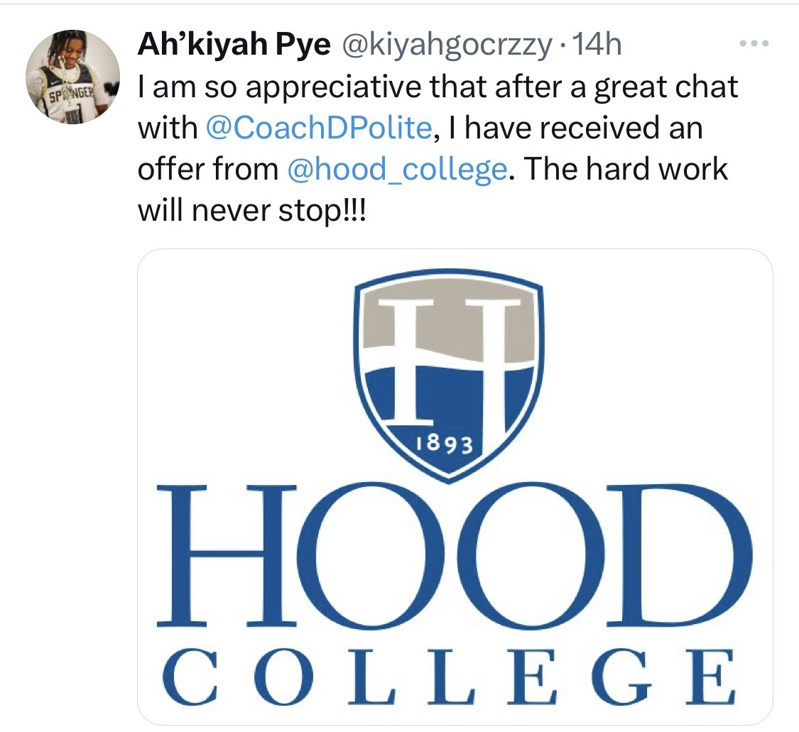 Congratulations to Highland Springs High Girls c/o 2024 Ah’kiyah Pye @kiyahgocrzzy for receiving an NCAA D3 offer to Hood College! Her stock is rising! #GoBlazers #AhkiyahPye #VaHavocGirls #UnleashChaos #ProtectThisHouse @UANextGHoops
