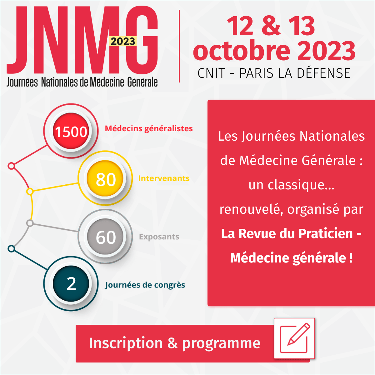 Les #JNMG2023 en chiffres, c'est : 

1️⃣5️⃣0️⃣0️⃣ Médecins généralistes
8️⃣0️⃣ Intervenants
6️⃣0️⃣ Exposants &amp; partenaires
2️⃣ Journées de congrès

... dans la convivialité sur 2 jours au CNIT à Paris La Défense ! 

📅 Plus d'info ici : bit.ly/42PT6B0