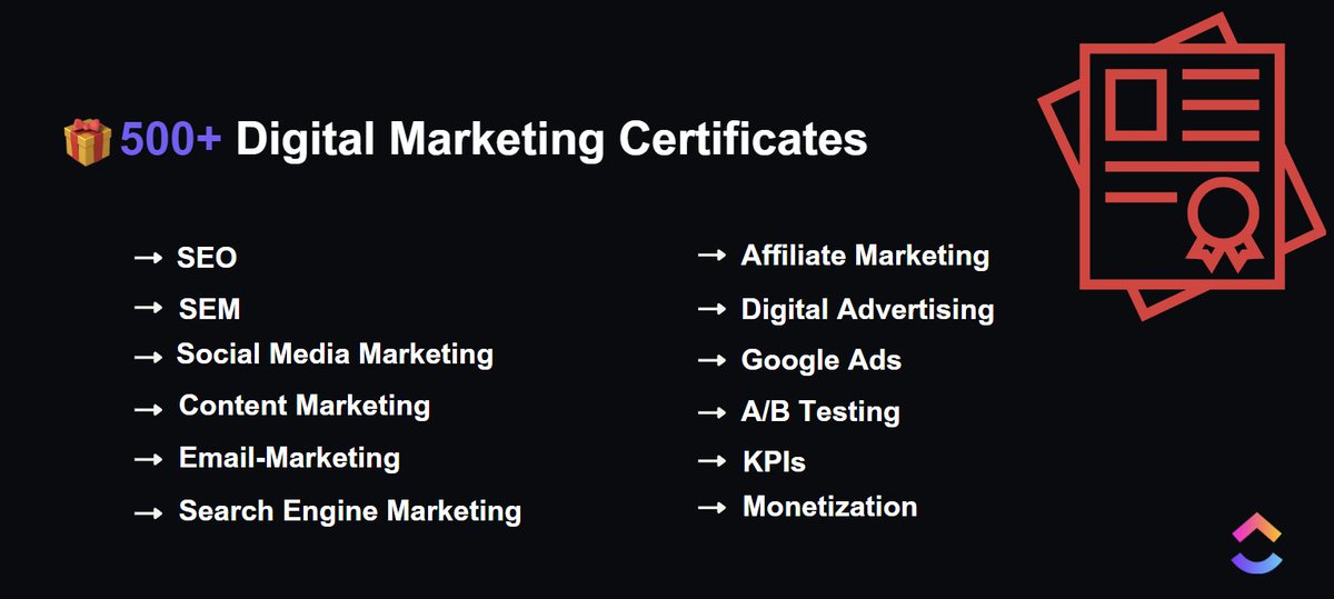 People are making six figures with Digital marketing agencies. 

You can learn it by doing some free courses

I have prepared a Clickup resource that has more than 500+ Digital Marketing courses 

And for 24 hours, it's FREE

1. Follow me 
2. RT this tweet
3. Reply "DM"