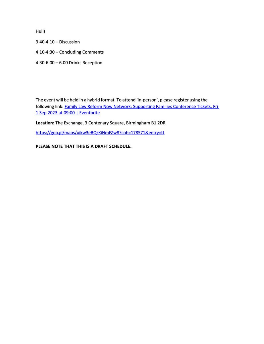 Fabulous looking draft schedule (attached) for our 'Supporting Families' event on 1 September. Register here: eventbrite.co.uk/e/family-law-r…
