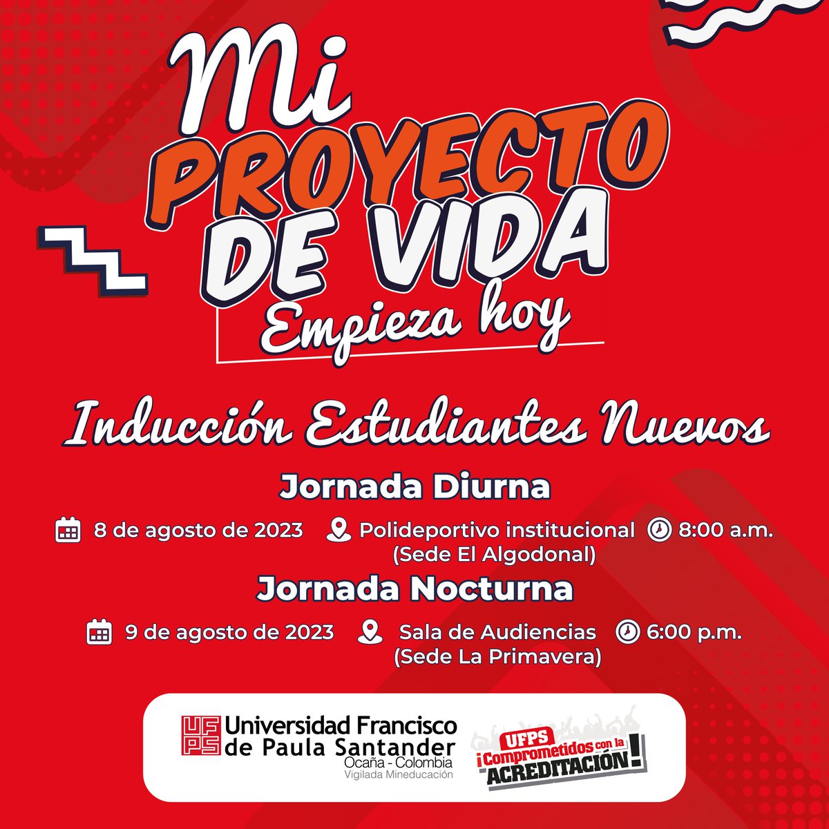 Agéndate y comienza tu vida universitaria, participa de este importante espacio de inducción.
#ufpsocana #MiProyectoDeVida #Inducción