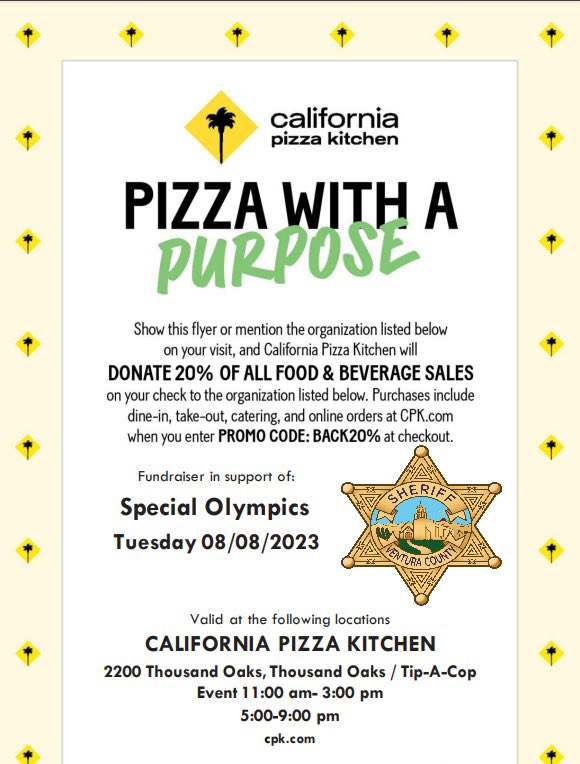 Join us for lunch or dinner next Tuesday! 🍽️ #cpk #tipacop #specialolympics