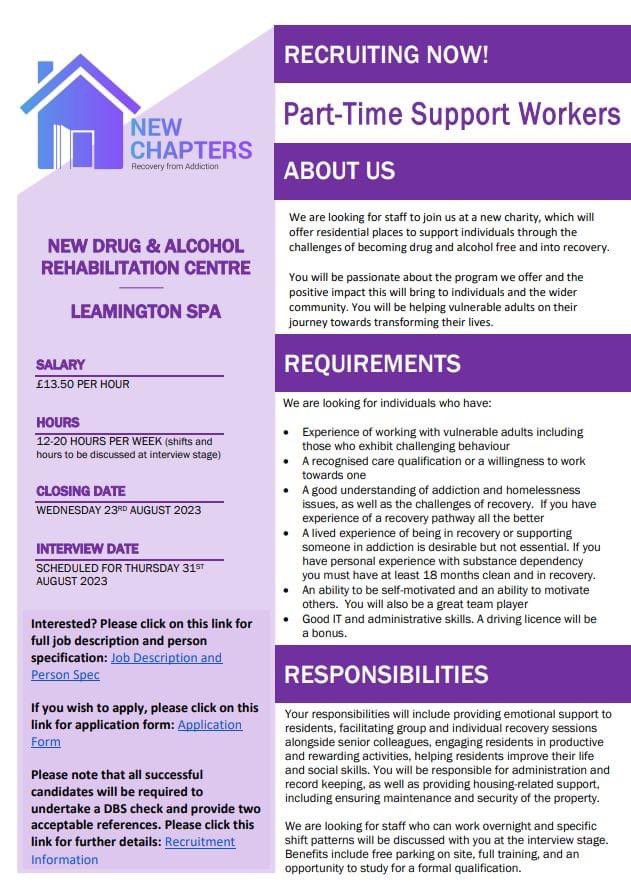 New_Chapters_'s tweet photo. ✨WE ARE NOW RECRUITING!✨

We are excited to announce that applications are now open to apply for a role as Support Worker in our brand new charity, supporting people from #addiction into #recovery.

For more info please follow the link below:

https://t.co/8UBrMX9bOP

#loveleam https://t.co/oQdq4te397