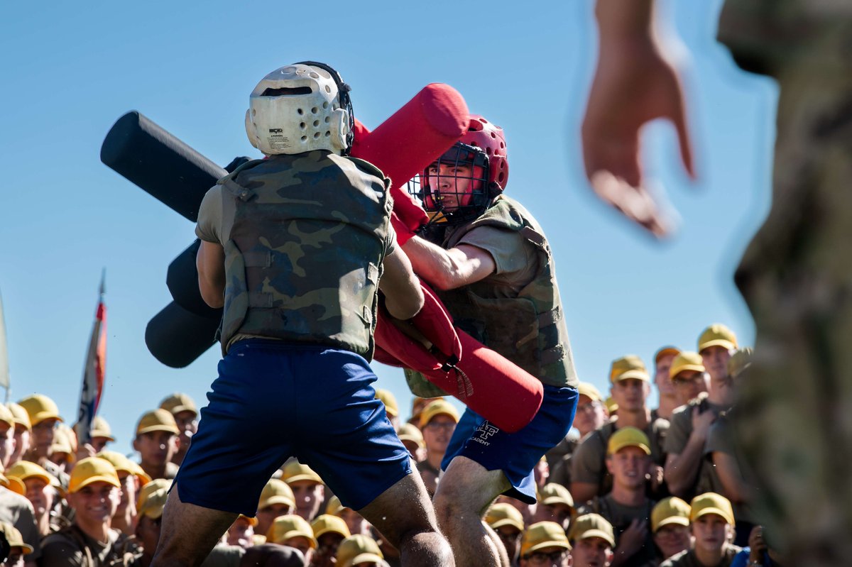 af_academy's tweet photo. The culmination of Basic Cadet Training was held yesterday, and the Class of 2027 is one step closer to being accepted into the Cadet Wing. 

See photos from the Pugil stick fight competition: https://t.co/1RYnC5RVan

#BCT #military #WarriorEthos #pugilsticks #usafa2027 #cadets https://t.co/b1JChgiWAh