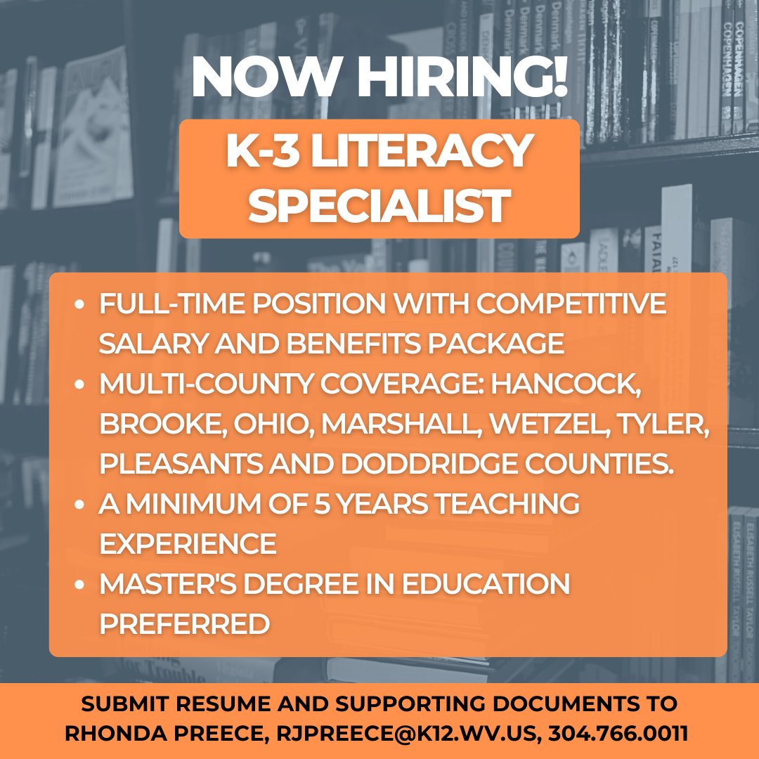 Northern Panhandle Job Seekers! Full-time K-3 Literacy Specialist position now available. For more information, check out the following link. Apply Now! mountainstateesc.com/k-3-literacy-s… #k-3 #literacyspecialist #northernpanhandlewv