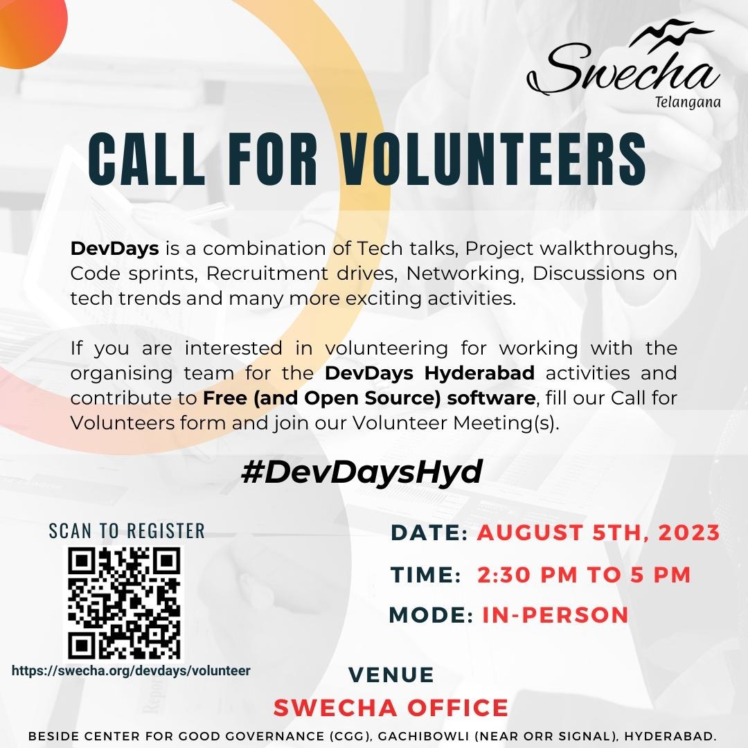 SwechaFSMI's tweet photo. We're planning some exciting #DevDaysHyd in the coming weekends, on various technologies. We're looking for volunteers/organising team members to join us, and conduct high quality developer activities in Hyderabad. If you would like to join us, apply here: https://t.co/5I8xD2b1eD https://t.co/teEctDmkYN