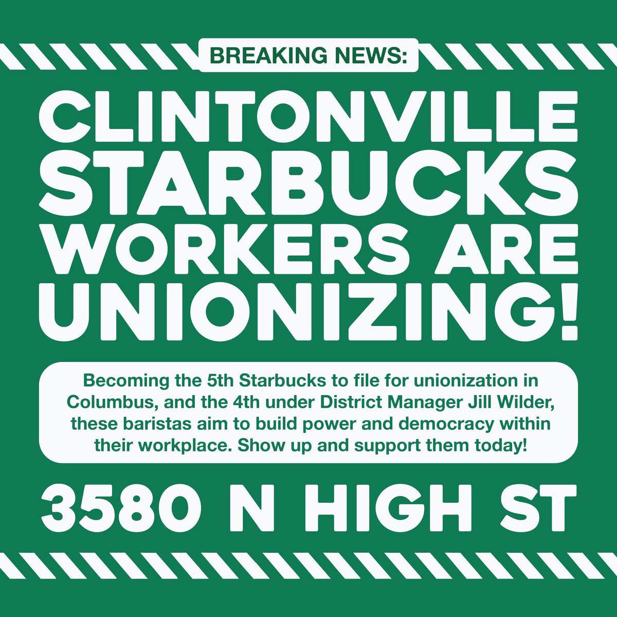 Columbus_DSA's tweet photo. The workers of the Clintonville Starbucks (3580 N. High) have JUST launched their union fight! We need DSA members and allies to show up today, order something "Union Strong," and leave a hefty tip. 

Let's build people power, in this and every workplace. https://t.co/bzWYzAXqCp