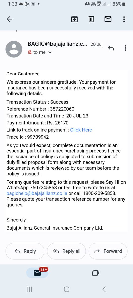 paulsuvendu's tweet photo. @BajajAllianzLIC Rs 26170 was paid for the health insurance on 20 Jul,waiting for the Policy certificate. TransactionRef#357220060. Getting several calls to pay Rs 52K for the renewal or withdraw the premium .Its sheer harassment for the senior citizens every year during renewal. https://t.co/Xh9uSUZM9x