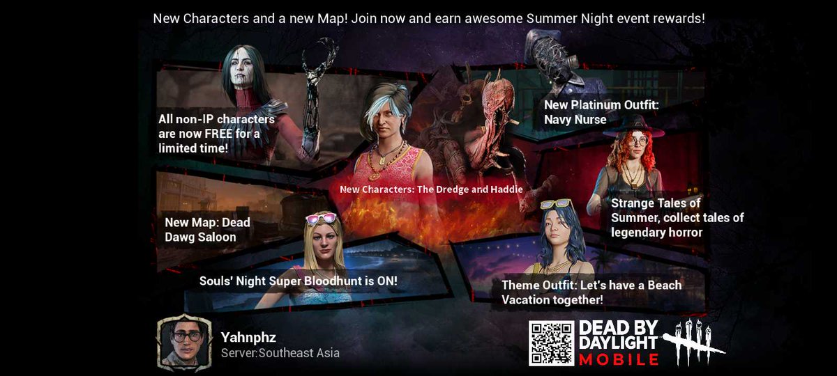 yenphz's tweet photo. The hit title Dead by Daylight Mobile has finally launched! Free gold outfit gacha now available! Download NOW! https://t.co/8iFh5maK85