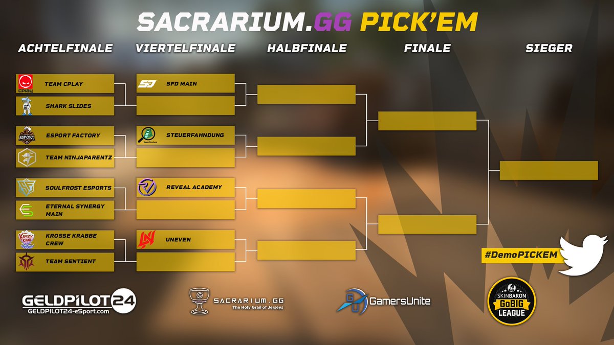 DACH CS Masters (@dachcs) on Twitter photo Es ist wieder soweit, auch in dieser Saison gibt es für die Playoffs wieder die #DemoPICKEM!
Zusammen mit unserem Partner <a href="/SacrariumGG/">Sacrarium.gg</a> verlosen wir unter den besten Pick'ems ein 55€ Gutschein für den <a href="/SacrariumGG/">Sacrarium.gg</a> Shop!
Was müsst ihr tun?
Erstellt eure Pick'em Es ist wieder soweit, auch in dieser Saison gibt es für die Playoffs wieder die #DemoPICKEM!
Zusammen mit unserem Partner <a href="/SacrariumGG/">Sacrarium.gg</a> verlosen wir unter den besten Pick'ems ein 55€ Gutschein für den <a href="/SacrariumGG/">Sacrarium.gg</a> Shop!
Was müsst ihr tun?
Erstellt eure Pick'em