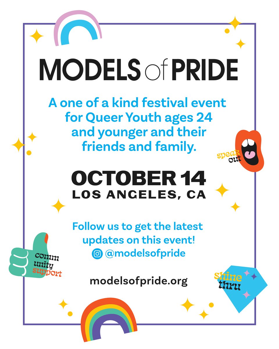 Save the date for Models of Pride ✨ on October 14, 2023! It's a free LGBTQ+ youth festival with a new venue, activities, performances, music, lounges, resource centers, a college and job fair, carnival games, and food trucks.

Visit modelsofpride.org to register now!