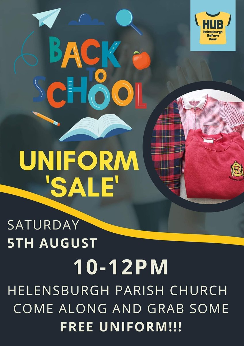 PFHelensburgh's tweet image. The GREAT BIG UNIFORM EVENT! We are so excited to welcome to all Saturday 5th August 10am-12pm at Helensburgh Parish Church to pick up some FREE uniform!
All welcome keeping uniform out of landfill. 
We have trousers, shirts, skirts and jumpers from 4-18 years. 
#reducereuse