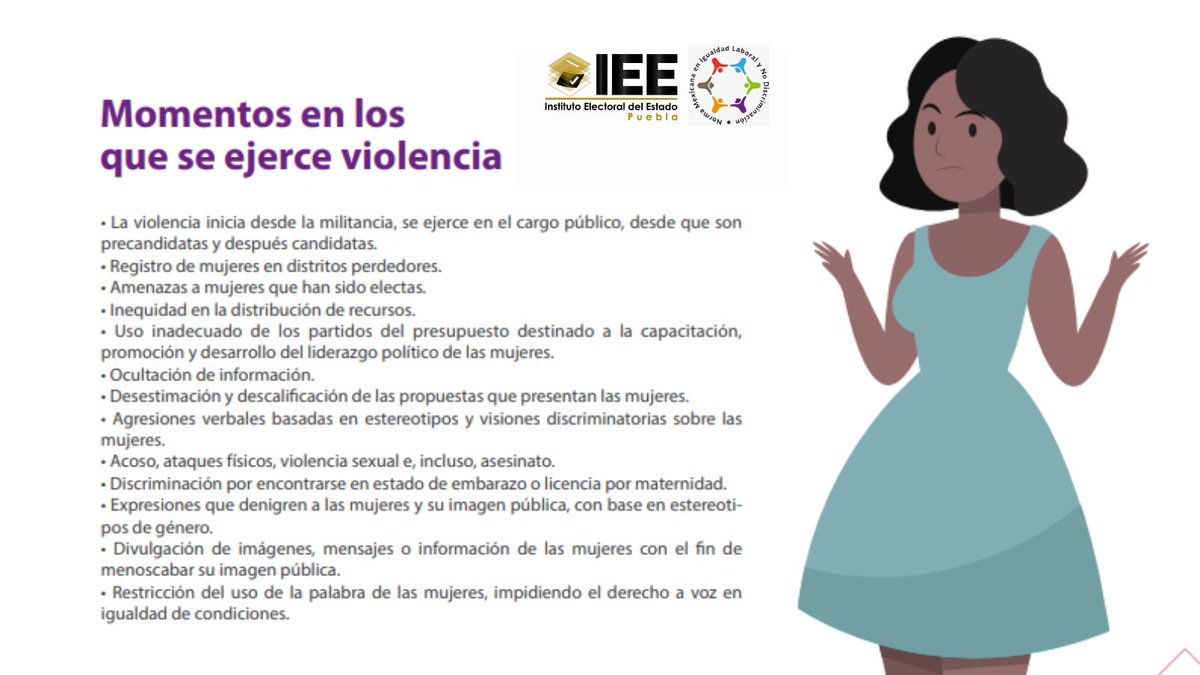 Puebla_IEE's tweet photo. ♀️🚺El #IEEPuebla pone a disposición de la ciudadanía la Guía para la prevención y atención de la #violenciapolítica contra las #mujeres en el Estado de #Puebla.
Te compartimos algunas de las características que generan #VPDG https://t.co/0ROTMYpZgz
