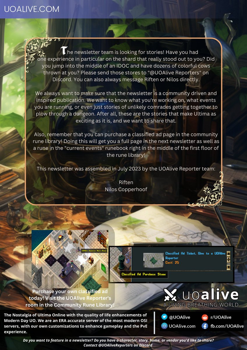 UOAlive's tweet photo. This weeks UOAlive Magazine/Newsletter: Beefy Boulevard - Join https://t.co/C0mnPOUMwa today, the #1 Populated PvM/PvE Ultima Online Server!
@pcgamer @GameSpot @PCMag
#uo #ultimaonline #mmo #MMORPG https://t.co/zE5KyPLCm4