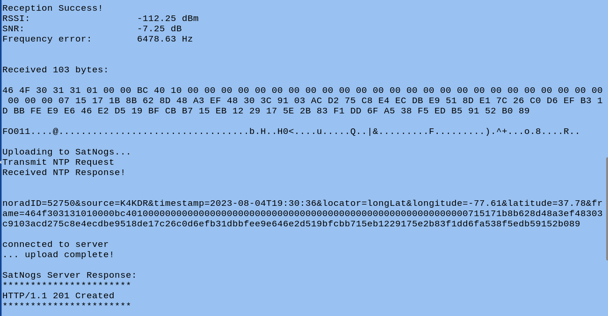 scott23192's tweet photo. Always fun to see things go full-circle.   Original @FossaSys Arduino code was so new &amp; foreign... years later we use it for many different sats - including '2E' generation FossaSats!    tinyGS ESP32 network decodes perfectly;  today also uploaded to SatNogs via Arduino https://t.co/yS2P14beGf