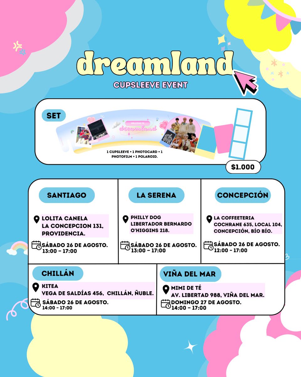 7DREAMCL's tweet photo. ¡Bienvenidos a Dreamland, un mundo de 7DREAM! 🌟🫧💗

Para hacer de este día algo realmente especial, hemos preparado un emocionante cupsleeve event en diferentes ciudades de Chile: La Serena, Santiago, Concepción, Chillán y Viña Del Mar! https://t.co/5k2D40Dabb
