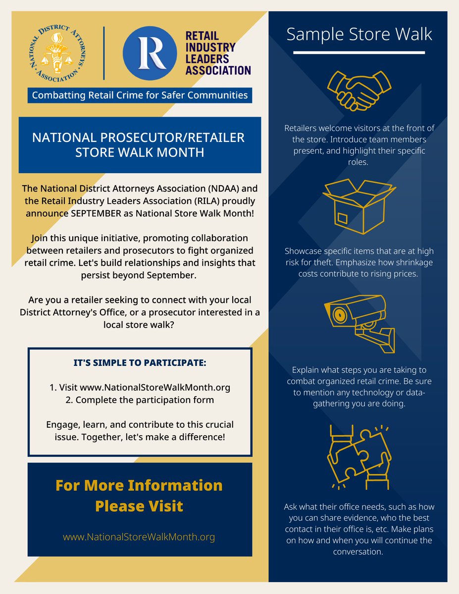 Fantastic news! Prosecutors from 9 states have already joined our #NationalStoreWalkMonth initiative w/ @RILAtweets! We're on a mission to strengthen #CommunitySafety. Don't miss out, sign up today. Together, we can combat #retailcrime. bit.ly/3DEQsnt