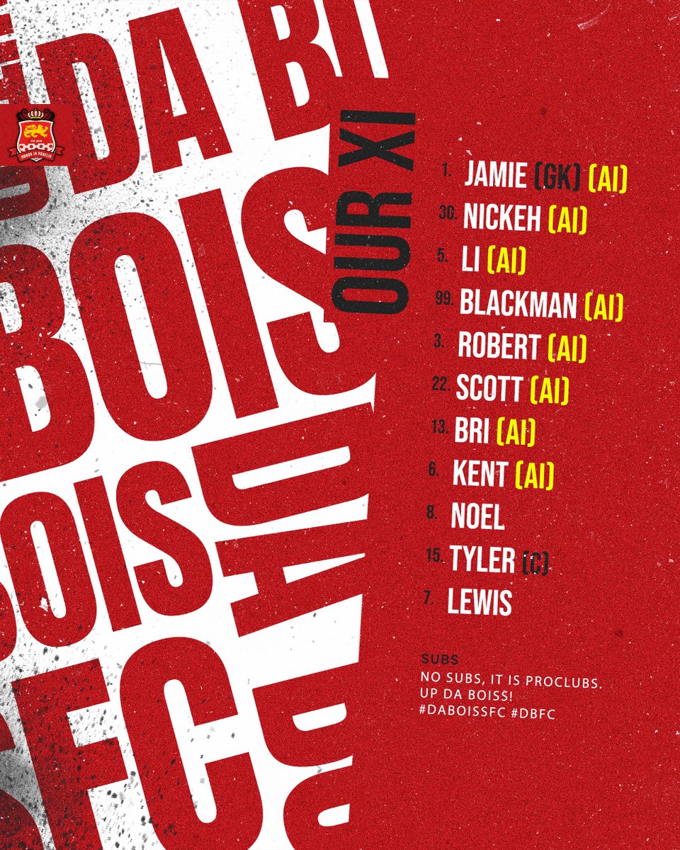 DaBoissFC's tweet photo. ๐ฐ ๐๐๐๐ ๐๐๐๐ ๐ฐ
Here's how Da Boiss line up for this evening's games.๐
Updates to follow on our socials. ๐ฒ
#DaBoissFC #UpDaBoiss #ProClubs https://t.co/YYDXSWFc8Z